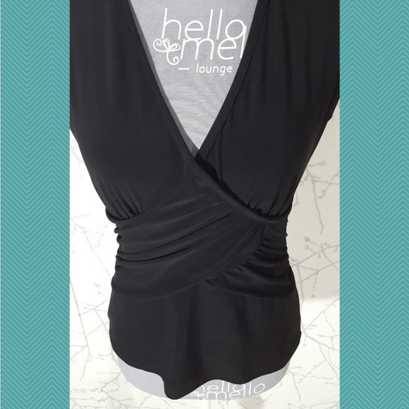 Joseph Ribkoff Black Ruched Faux Wrap V-Neck Blouse - Picture 2 of 5